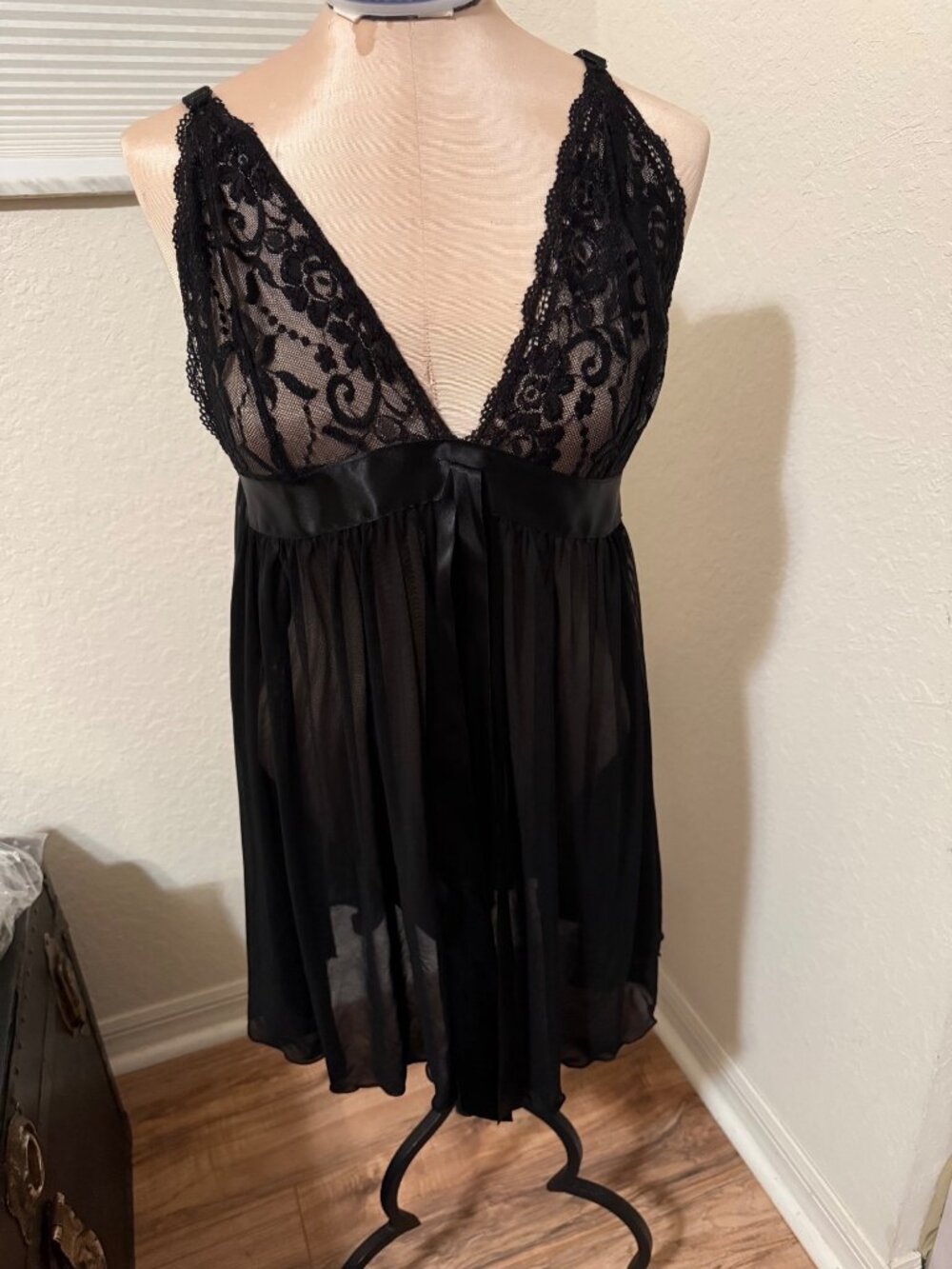 Blk Sheer Lace Mesh Babydoll Slip dress Top Ribbon M Whimsigoth Fairygrunge read